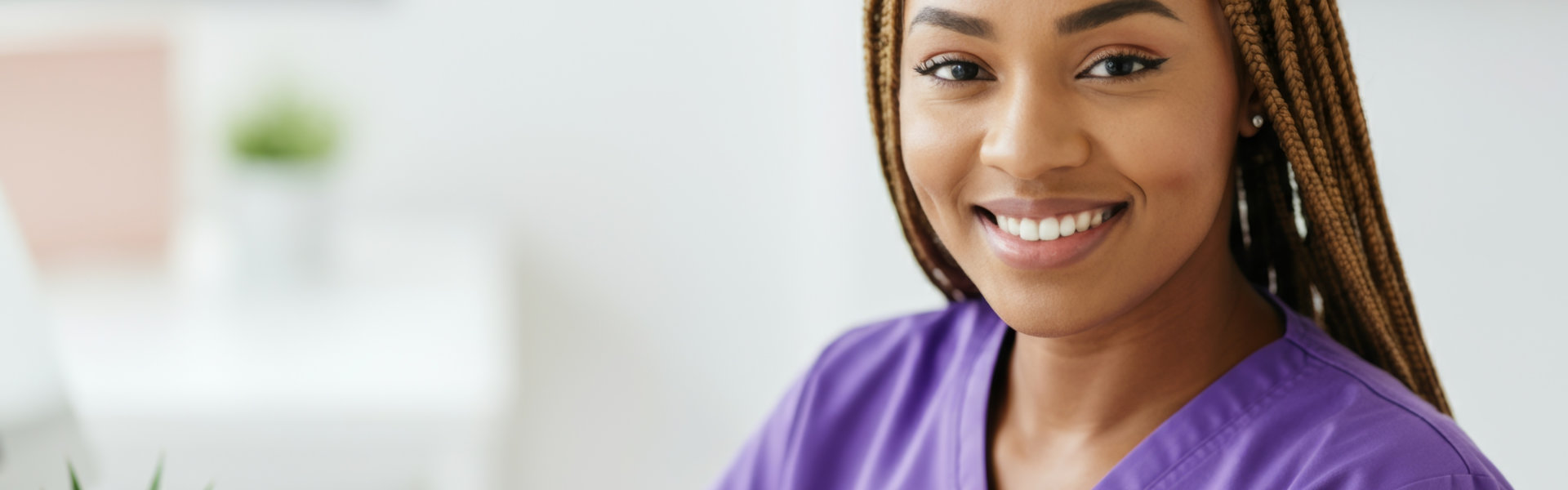 Smiling nurse in purple scrubs